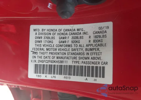 2019 Honda Civic Lx из США, поврежденный, VIN 2HGFC2F60KH538111